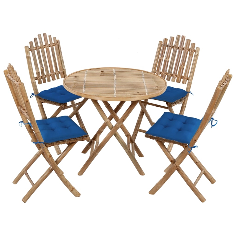 Bowery Hill Patio Dining Set Bamboo Color/Blue Cushions - Set of 4