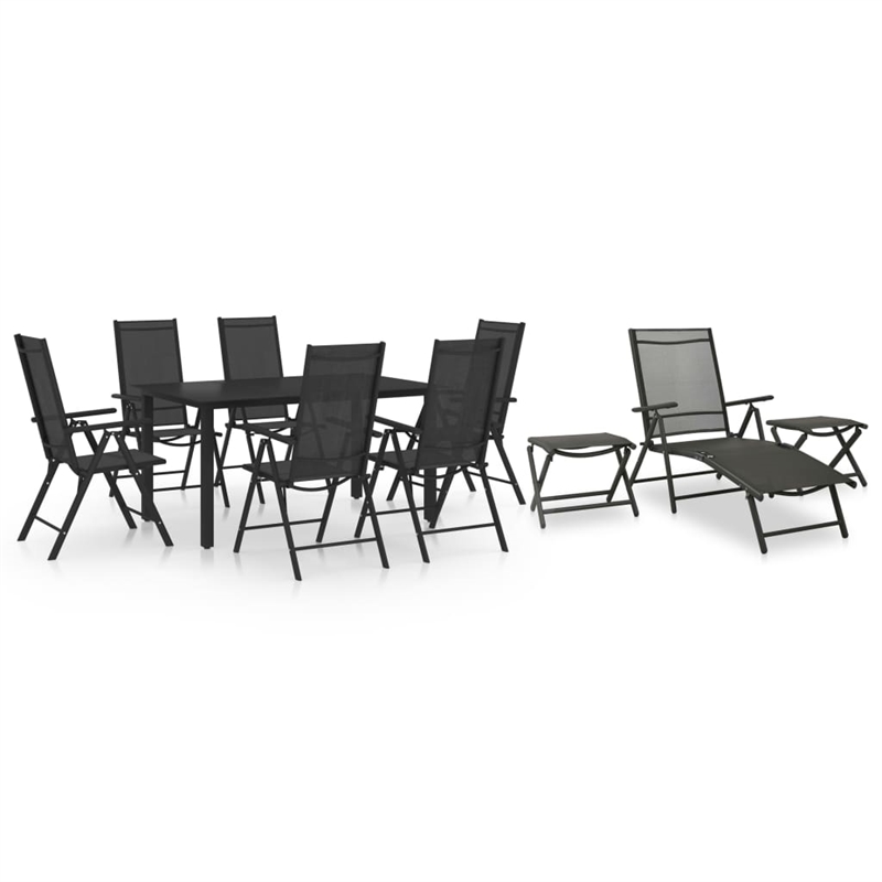 Bowery Hill Aluminum 10 Piece Set Adjustable Footrests Dining Set in Black