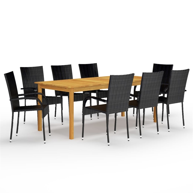 Bowery Hill Contemporary Weather-Resistant Dining Set in Black/Natural Wood