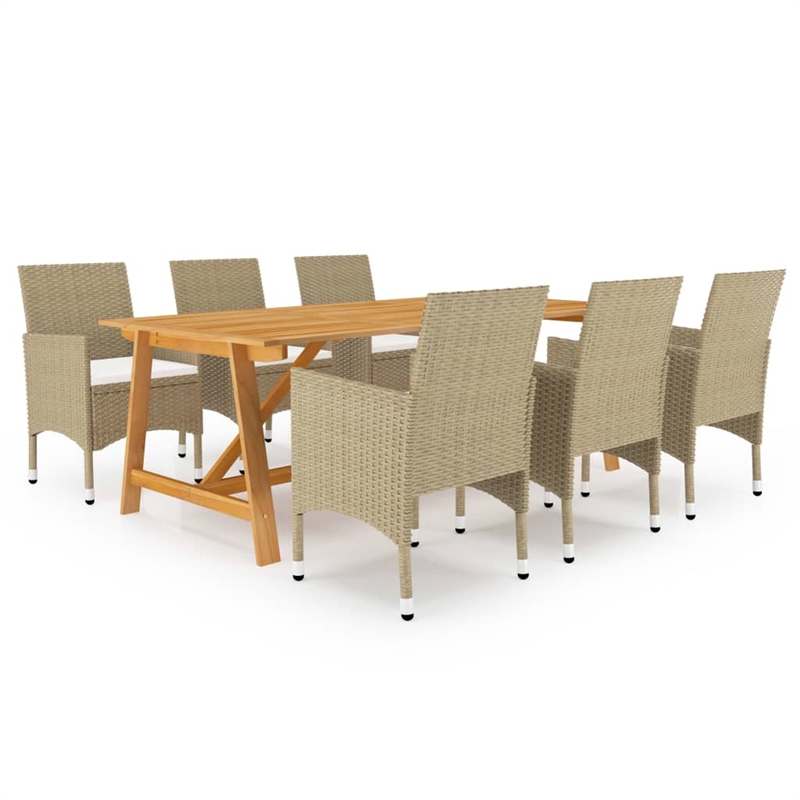 Bowery Hill Solid Acacia Wood Large Ergonomic Dining Set in Beige