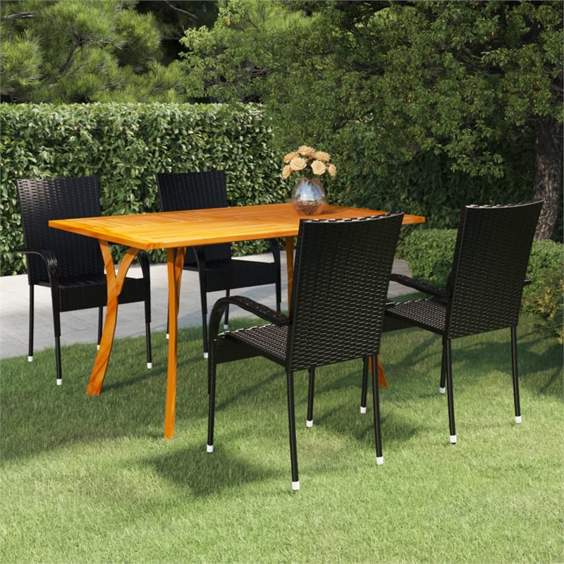 Bowery Hill Solid Acacia Wood 5 Piece Stackable Dining Set in Black