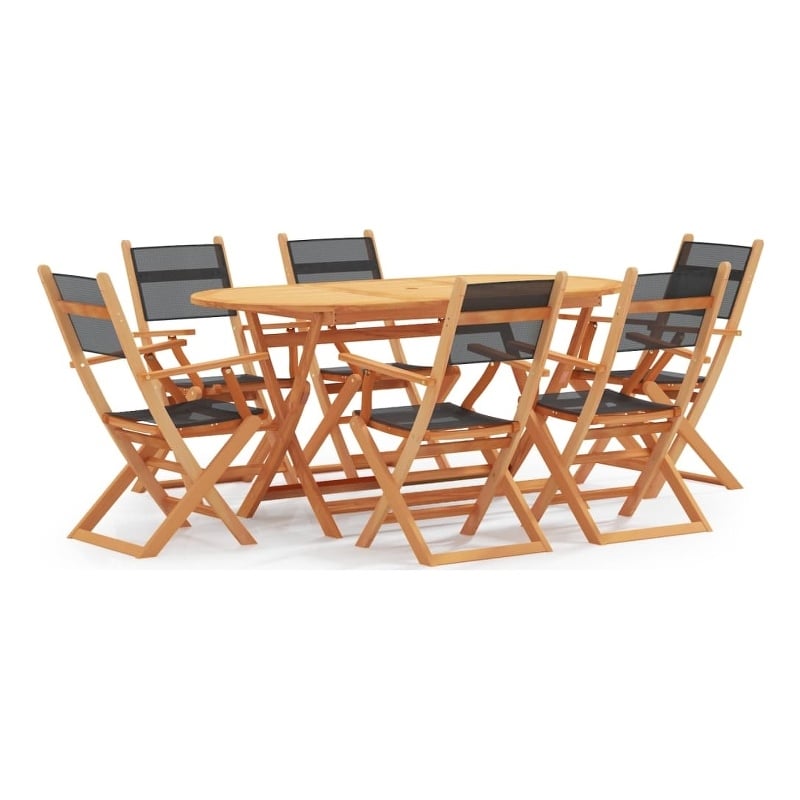 Bowery Hill 7 Piece Eucalyptus Wood&Textilene Patio Dining Set in Black