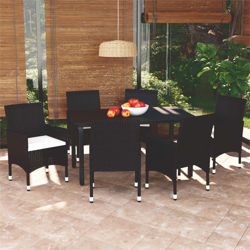 Bowery Hill Contemporary Poly Rattan 7 Piece Durable Dining Set in Black