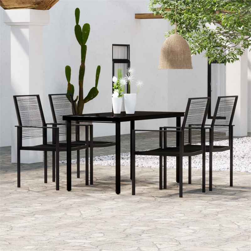 Bowery Hill Powder-Coated Steel/PVC Hollow Rattan/Glass Dining Set in Black