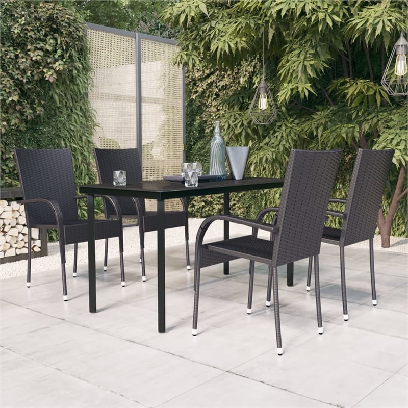 Bowery Hill PE Rattan/Powder-Coated Steel/Glass Garden Dining Set in Black