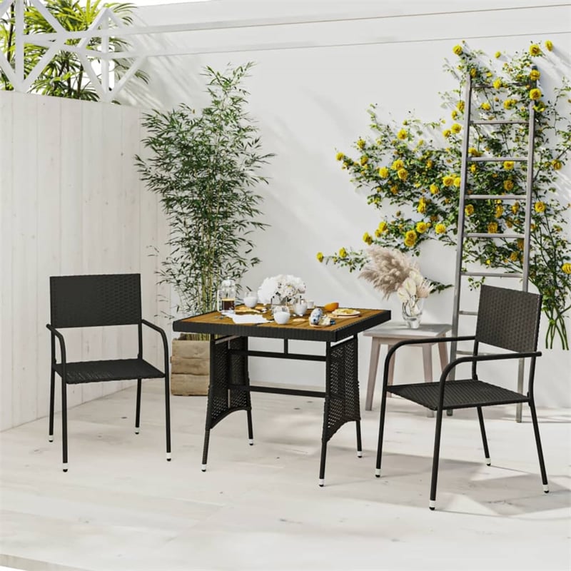 Bowery Hill PE Rattan/Steel/Solid Acacia Wood Outdoor Dining Set in Black