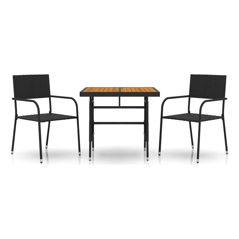 Bowery Hill PE Rattan/Steel/Solid Acacia Wood Outdoor Dining Set in Black