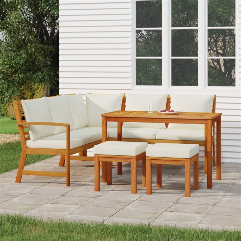 Bowery Hill Garden Dining Set Cream White Cushions/Natural Wood