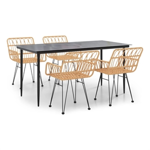 Bowery Hill Polyethylene Rattan & Tempered Glass Garden Dining Set in Black