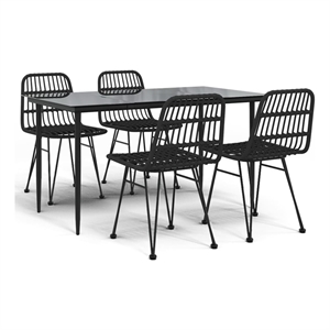 Bowery Hill Poly Rattan & Tempered Glass Medium Garden Dining Set in Black