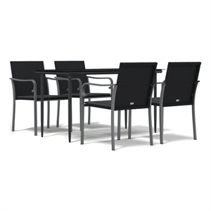 Bowery Hill Poly Rattan/Steel/Tempered Glass/Polyester Garden Dining Set - Black