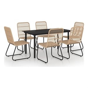 Bowery Hill Poly Rattan/Powder-Coated Steel/Glass Dining Set in Oak/Black