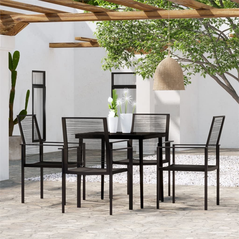 Bowery Hill Powder-Coated Steel/Glass/PVC Hollow Rattan Dining Set in Black