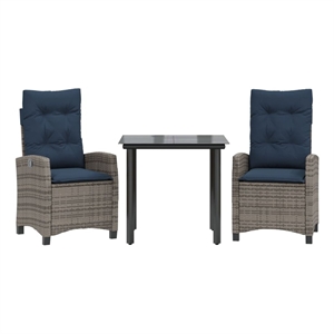 Bowery Hill 3 Piece Poly Rattan Garden Dining Set in Gray/Black/Navy Blue