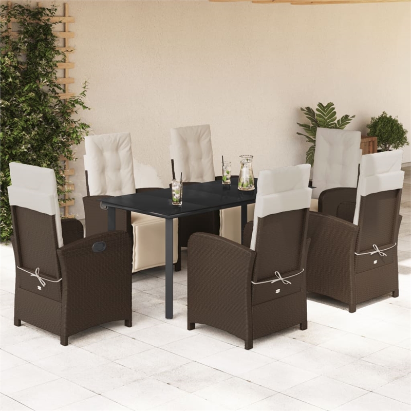 Bowery Hill 7 Piece Poly Rattan Garden Dining Set in Brown/Cream white/Black