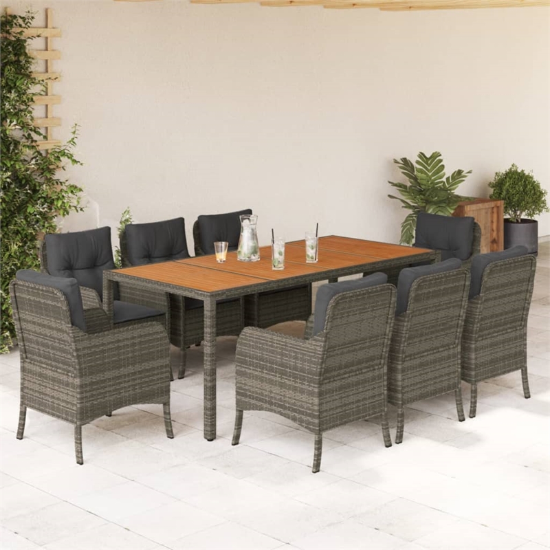 Bowery Hill Contemporary 9 Piece Poly Rattan Garden Dining Set in Gray