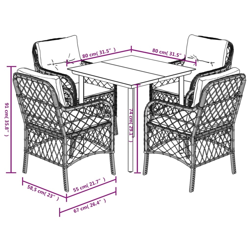 Bowery Hill 5 Piece Rattan Garden Dining Set with Cushions in Black