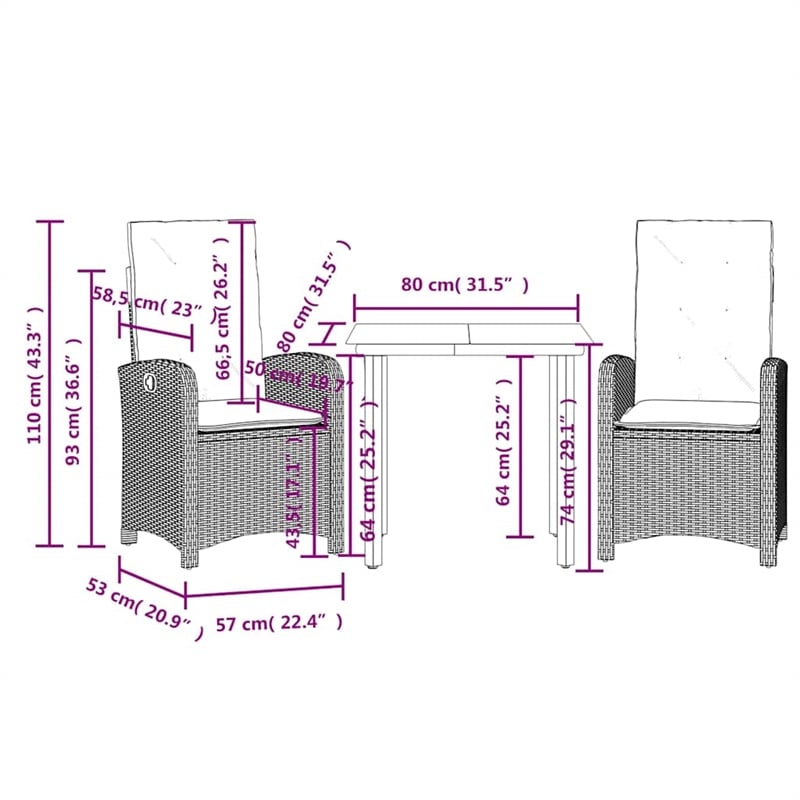 Bowery Hill Contemporary 3 Piece Poly Rattan Garden Dining Set in Gray