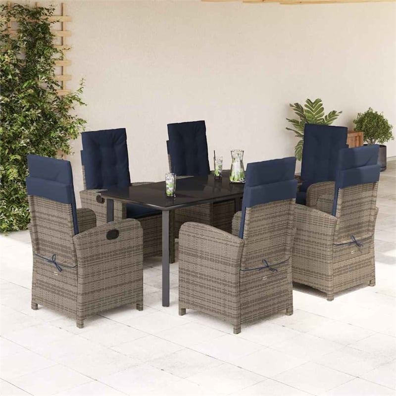 Bowery Hill 7 Piece Rattan Garden Dining Set in Gray/Black/Navy Blue