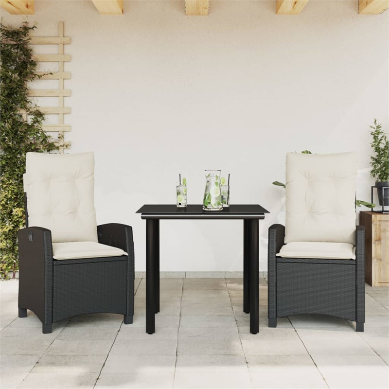Bowery Hill 3 Piece Rattan Garden Dining Set in Black/Cream White