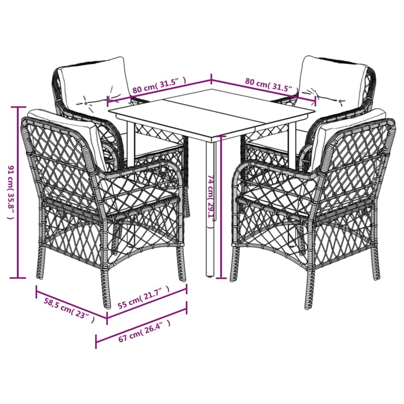 Bowery Hill 5 Piece Rattan Garden Dining Set in Black/Cream White