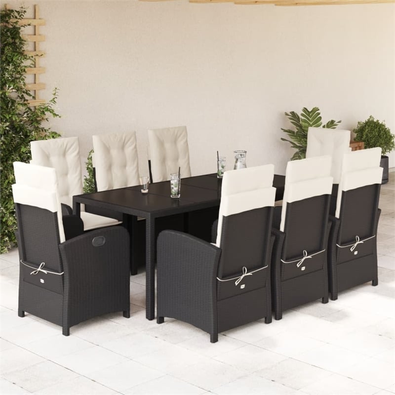 Bowery Hill 9 Piece Rattan Garden Dining Set in Black/Cream White