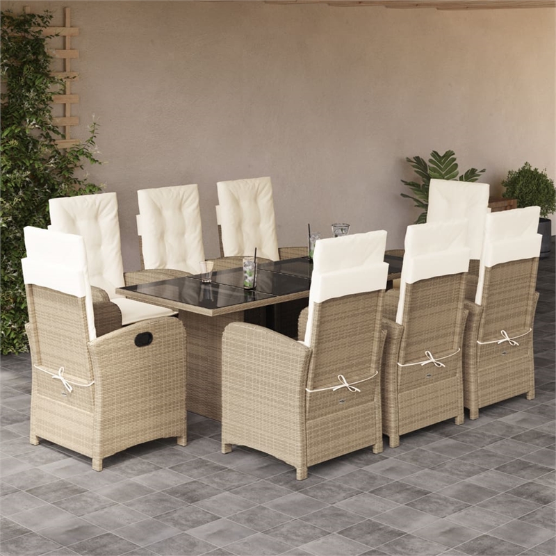 Bowery Hill 9 Piece Poly Rattan Garden Dining Set in Beige/Cream White/Black