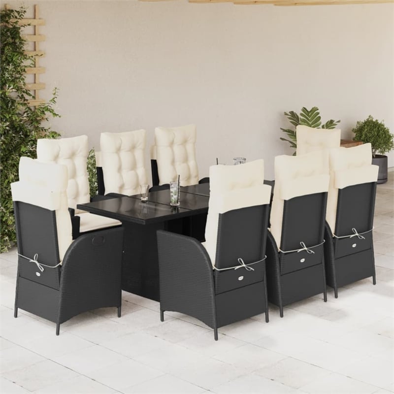 Bowery Hill 9 Piece Poly Rattan Garden Dining Set in Black/Cream White