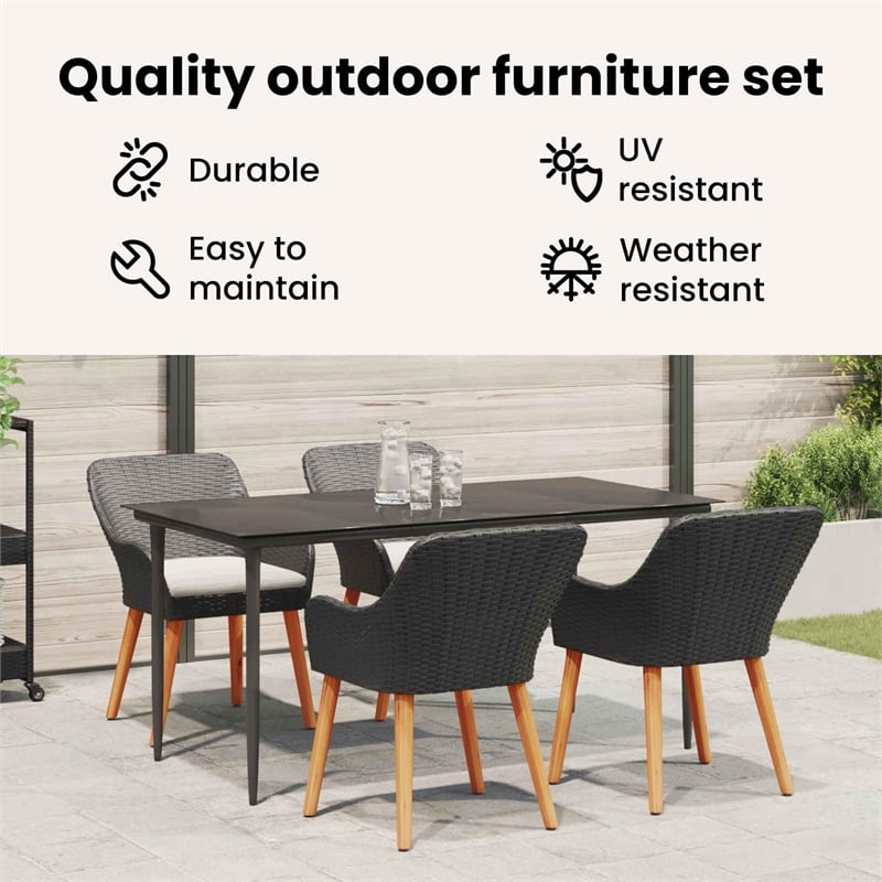 Bowery Hill 5 Piece Poly Rattan Garden Dining Set with Cushions in Black