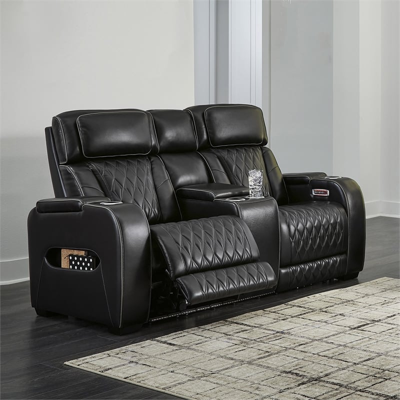 Bowery Hill Reclining Furniture Set with Power Recliner in Black Diamond