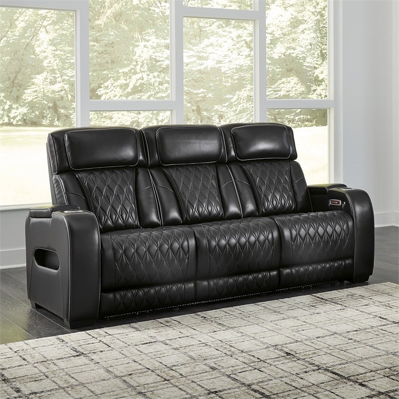 Bowery Hill Reclining Furniture Set with Power Recliner in Black Diamond
