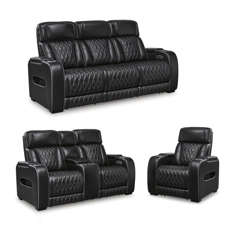 Bowery Hill Reclining Furniture Set with Power Recliner in Black Diamond