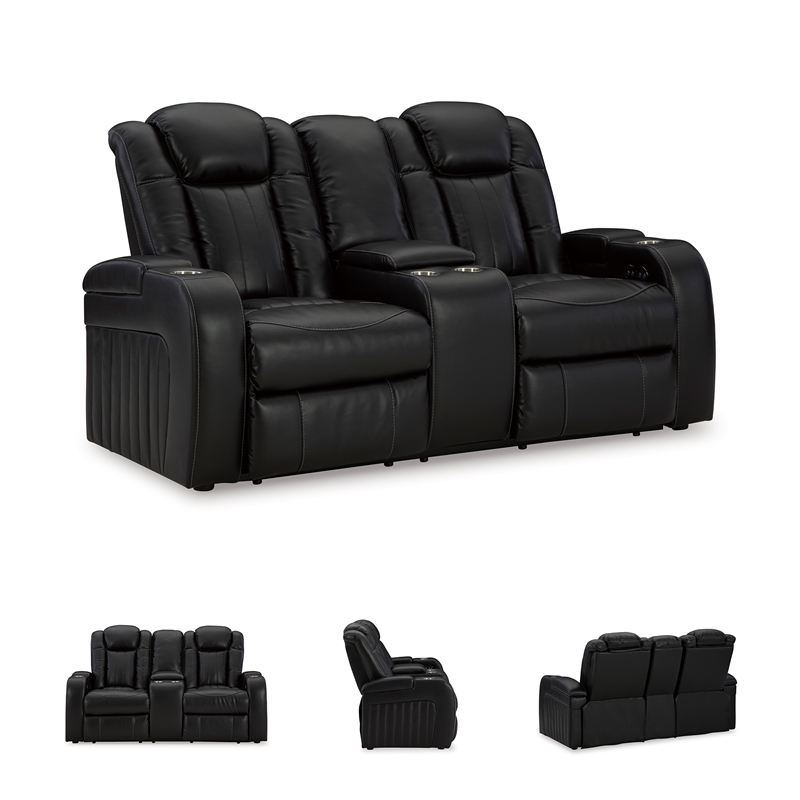 Bowery Hill Power Reclining Living Room Sofa Set in Black Faux Leather