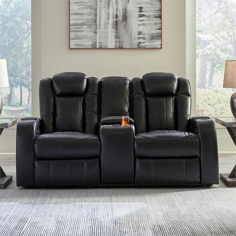 Bowery Hill Power Reclining Living Room Sofa Set in Black Faux Leather