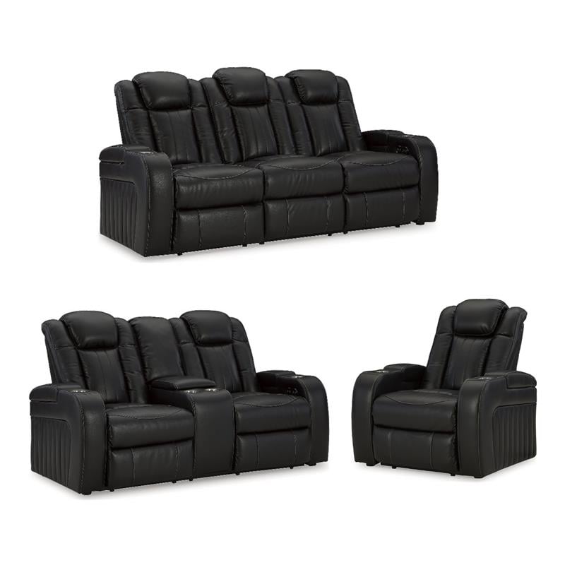 Bowery Hill Power Reclining Living Room Sofa Set in Black Faux Leather