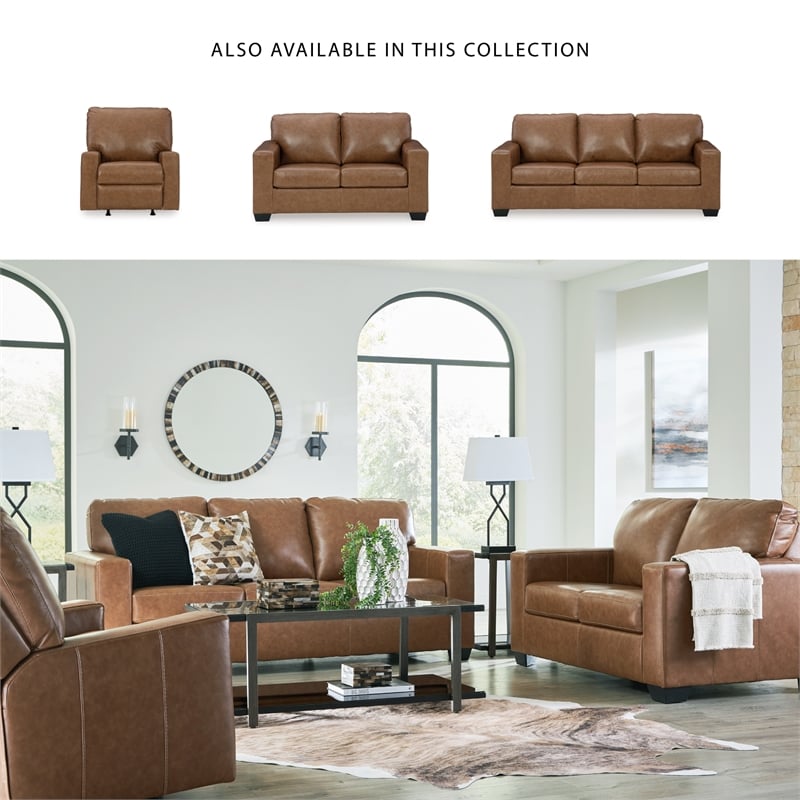 Bowery Hill 3-Piece Set of Sofa, Loveseat, & Recliner in Caramel Leather