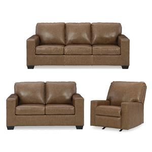 Bowery Hill 3-Piece Set of Sofa, Loveseat, & Recliner in Caramel Leather