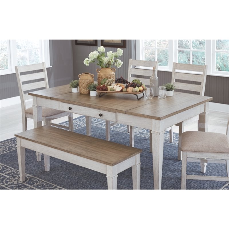 Bowery Hill Dining Set of Table, Bench, and 2 Chairs in Grayish White & Light Brown