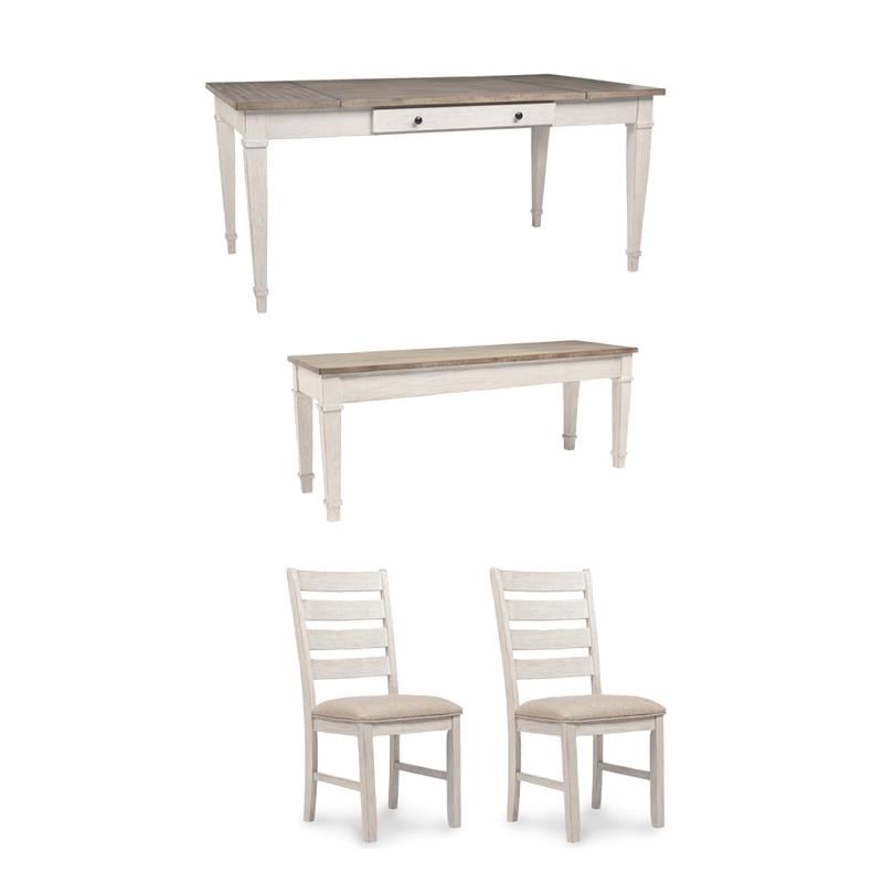 Bowery Hill Dining Set of Table, Bench, and 2 Chairs in Grayish White & Light Brown