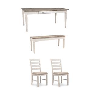 Bowery Hill Dining Set of Table, Bench, and 2 Chairs in Grayish White & Light Brown