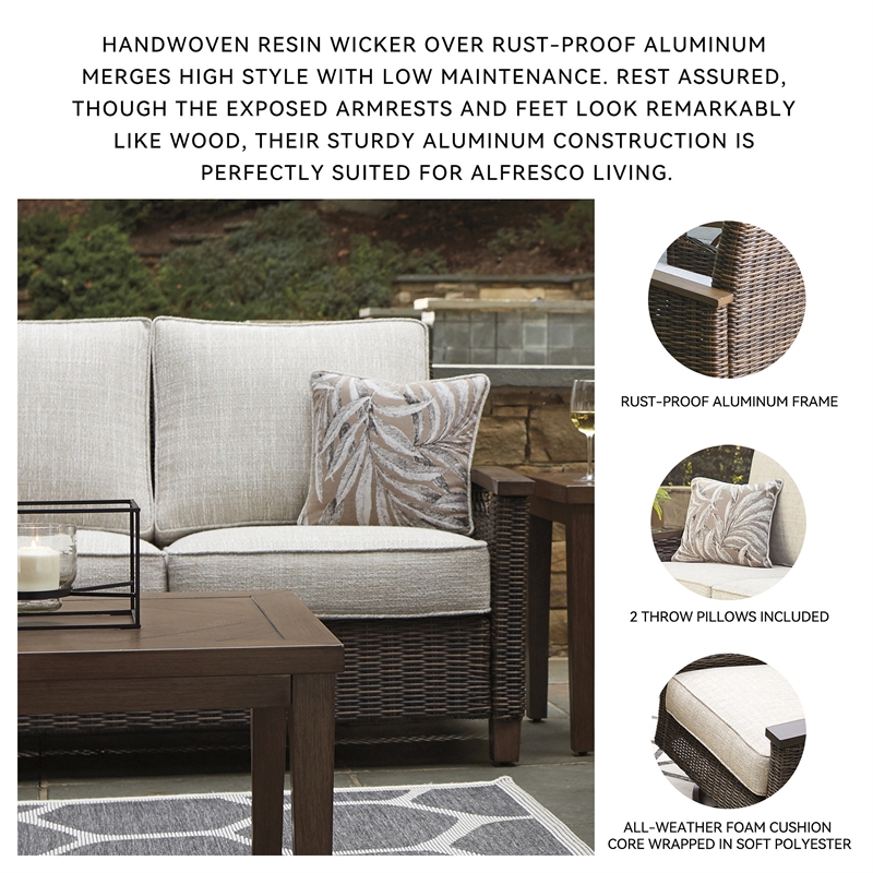 Bowery Hill Patio Set with Loveseat, Sofa, & Fire Pit Table in Brown