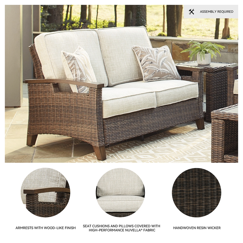 Bowery Hill Patio Set with Loveseat, Sofa, & Fire Pit Table in Brown
