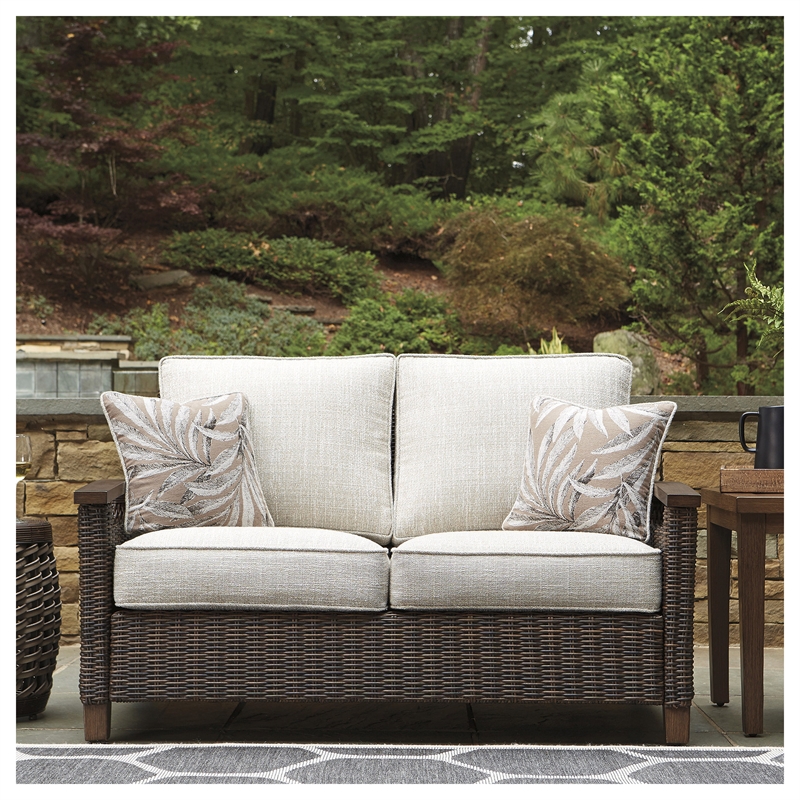 Bowery Hill Patio Set with Loveseat, Sofa, & Fire Pit Table in Brown