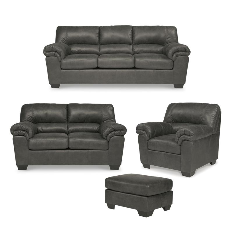 Bowery Hill Living Room Set of Sofa, Loveseat, Chair & Ottoman in Gray