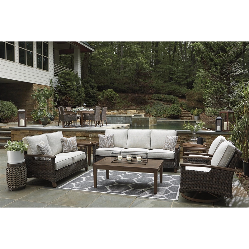 Bowery Hill Outdoor Patio Set of 4 Swivel Chairs & Sofa & Fire Pit Table