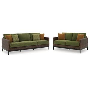 Bowery Hill 2-Piece Outdoor Set of Loveseat and Sofa in Brown & Green