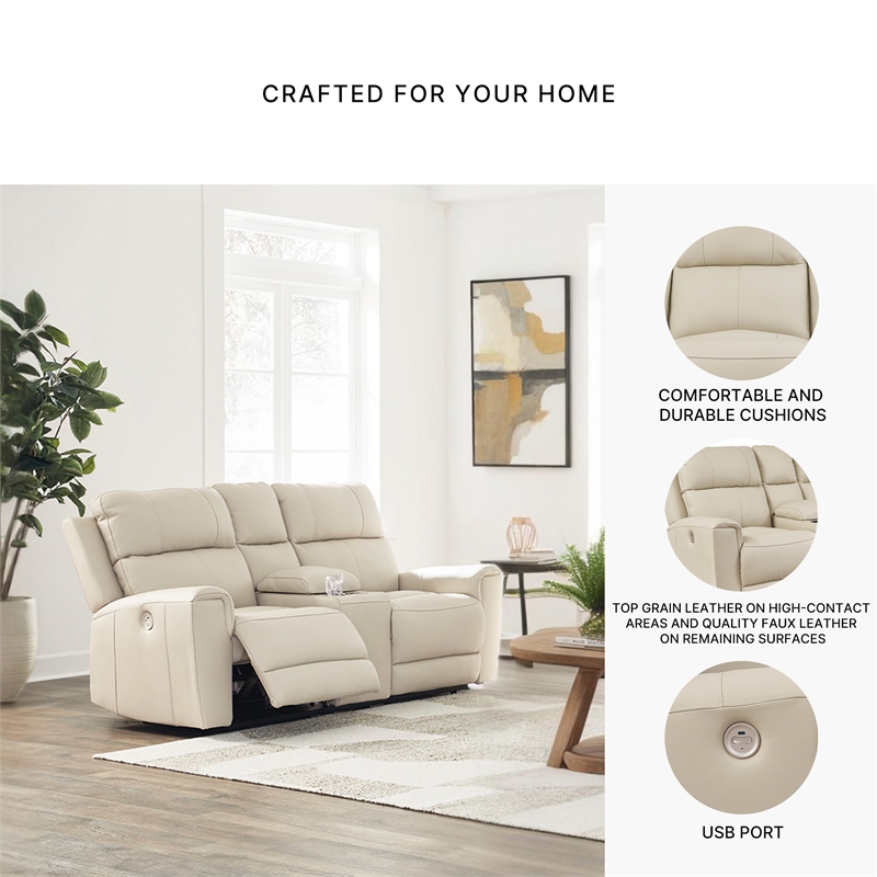 Bowery Hill Beige Power Reclining Sofa & Loveseat Set in Faux Leather