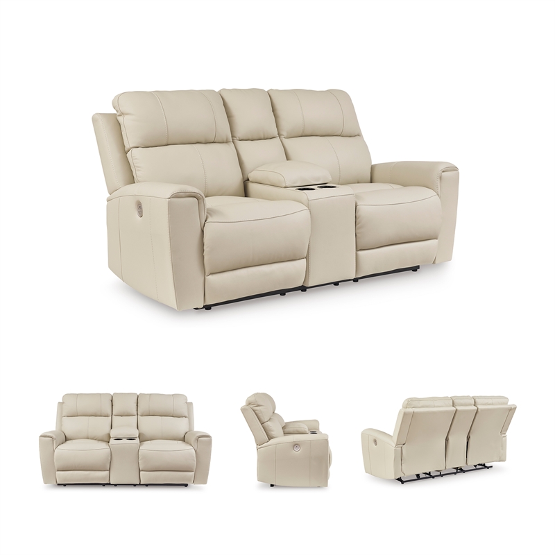 Bowery Hill Beige Power Reclining Sofa & Loveseat Set in Faux Leather