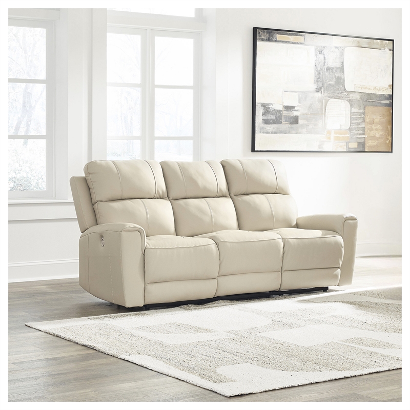 Bowery Hill Beige Power Reclining Sofa & Loveseat Set in Faux Leather