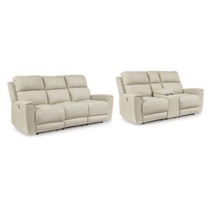 Bowery Hill Beige Power Reclining Sofa & Loveseat Set in Faux Leather